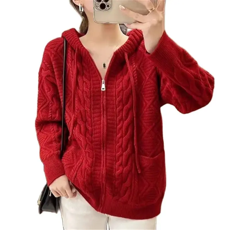 Loose Hooded Cardigan Women's Coat Spring And Autumn 2022 New Style Red Sweater Female Outerwear Knitting Hoodie Women's Tops