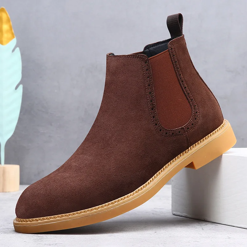 

New Men Genuine Suede Leather Dress Shoes British Style Heels Leisure Shoes Trend High Top Chelsea Boots