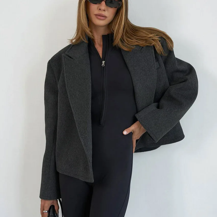 KIDCRKJ 多用途春女性ウールコートダークグレーノッチ襟ルーズベルト付きレディジャケットハイストリートカジュアル女性アウター