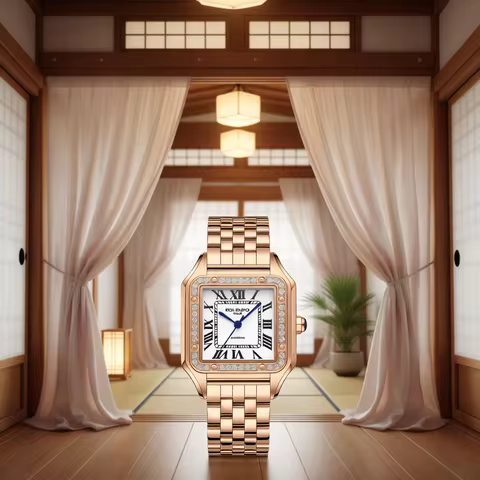 ROLENDO Luxury Gold Square Watch for Santos 33mm Diamond-Set Mineral Crystal Roman Scale 5ATM Women's Automatic Wristwatch Gift