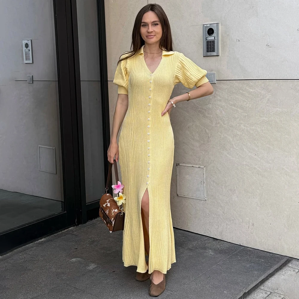 

Talenza Yellow Knit Dress Elegant Ruffle Bubble Sleeve Cardigan Long Dress Fashion Vintage Sexy Luxury Party Women Knit Dresses