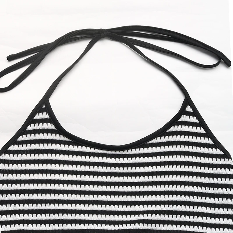 Zweiteiliges Set für Damen, schwarz, weiß, gestreift, Spaghettiträger, bauchfreies Top und Schlitz-Maxirock, Sommer, lässig, sexy, schmale Passform