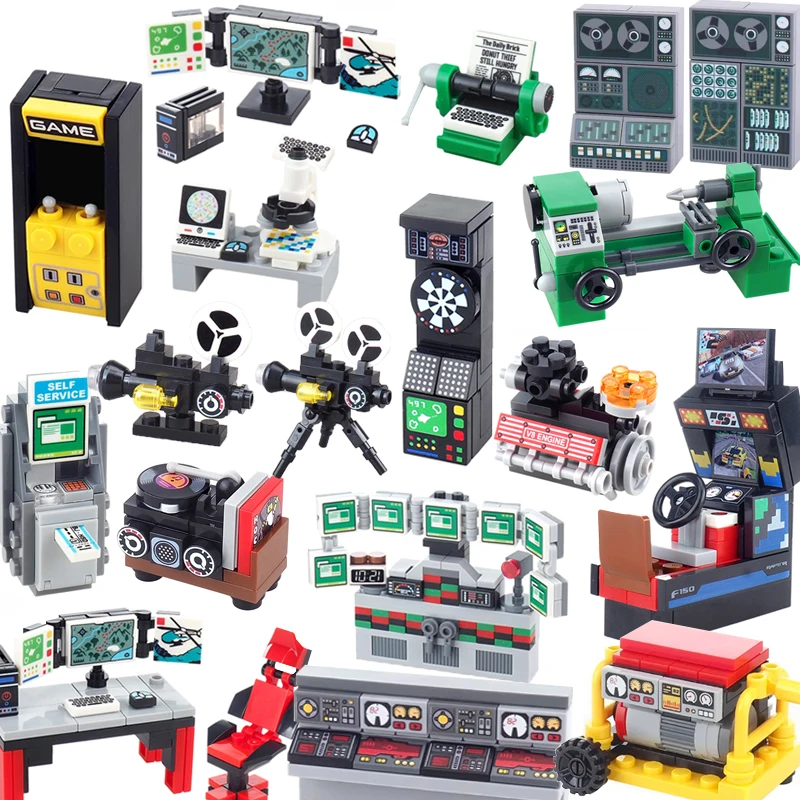MOC Building Blocks Computer Desk Display Electronic Screen Console Generator Printing Machine Aerospace Kit Printed Brick Toy