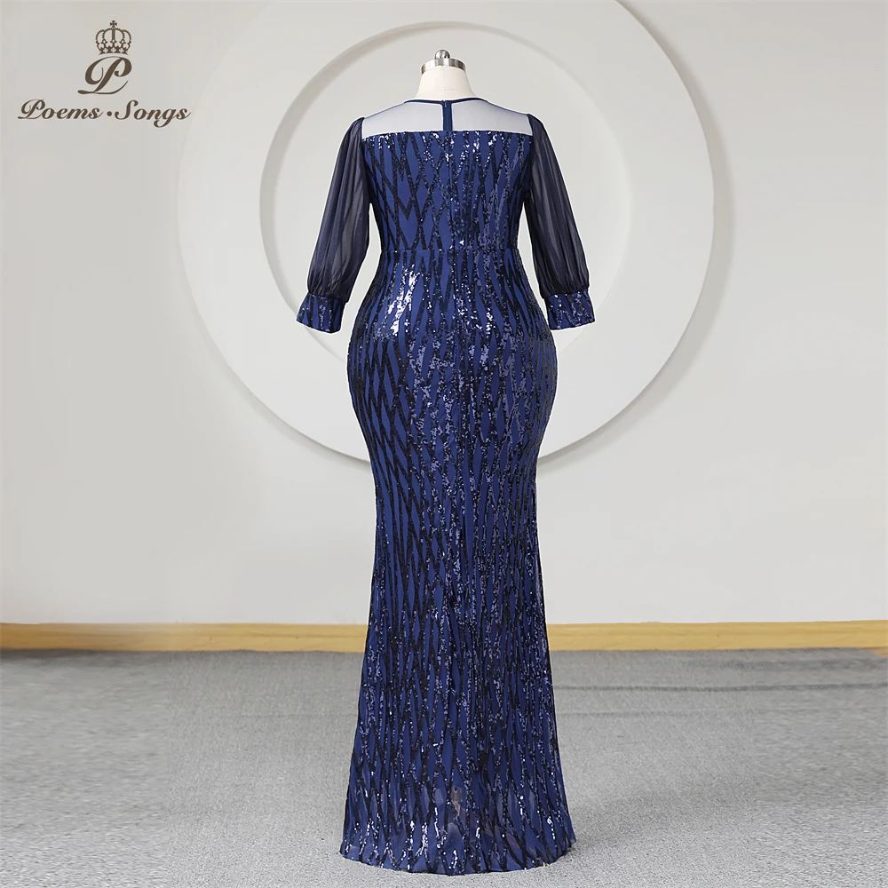 Royal Blue Sequins Trumpet Evening Dress Long Sleeves Mermaid Sheer Neck Plus Size Women Prom Dresses Party Formal Maxi dress