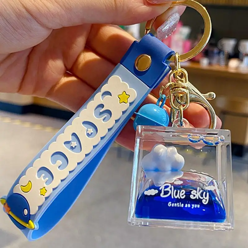 Cute Liquid Keychain Acrylic Square Floating Liquid Clouds Key Ring Keychain Toys Backpack Accessory For Girls Women Hang
