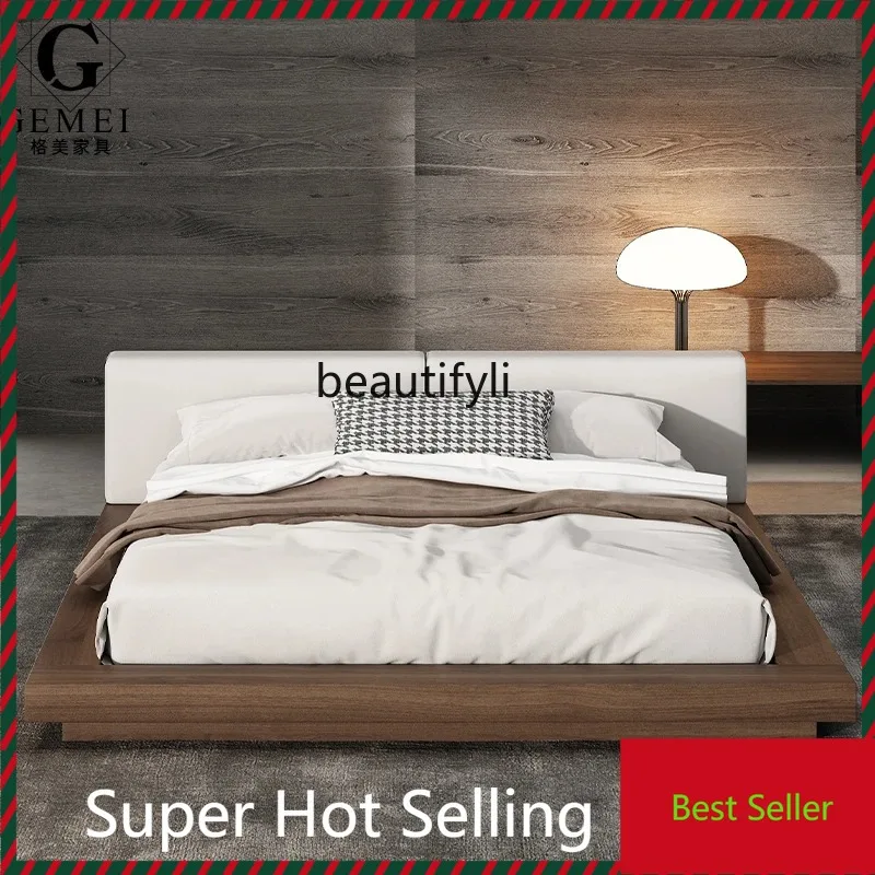 QQ132 Italian Minimalist Tatami Master Bedroom Double Bed Nordic Black Walnut Solid Wood Bed Large Flat Villa Furniture