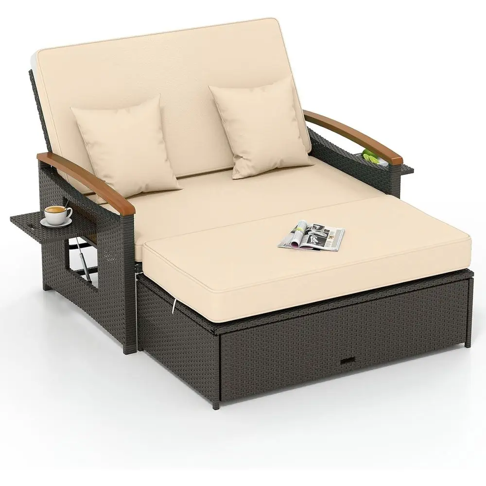 Outdoor Rattan Daybed with Adjustable Backrest, Wicker Loveseat, Acacia Wood Armrest, Storage Ottoman, and Serving Tray for Pati