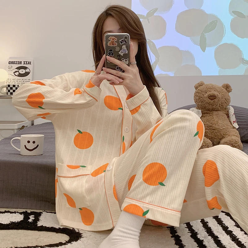 Spring Autumn Pajamas Set for Women Thin Cotton Fashion Print Women Long Sleepwear Set Home Clothes Women Female Nightwear Pjs