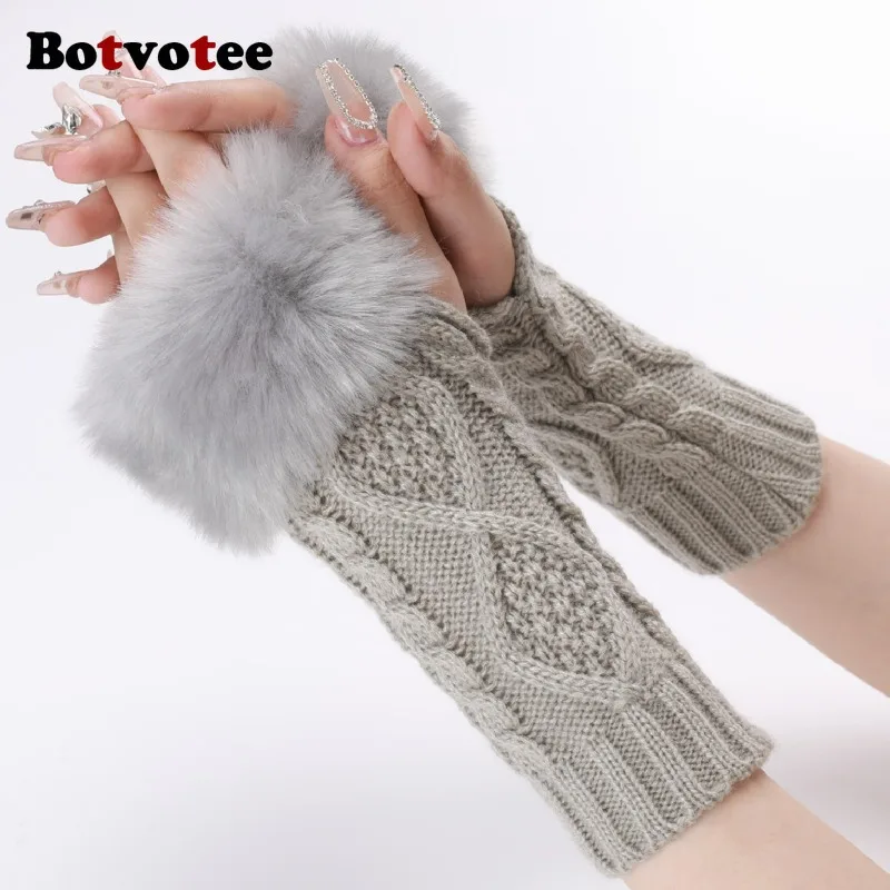 

Botvotee Furry Y2k аксессуары рукава для женщин нарукавники зимние вязаные бордовые перчатки без пальцев милые нарукавники половина пальца