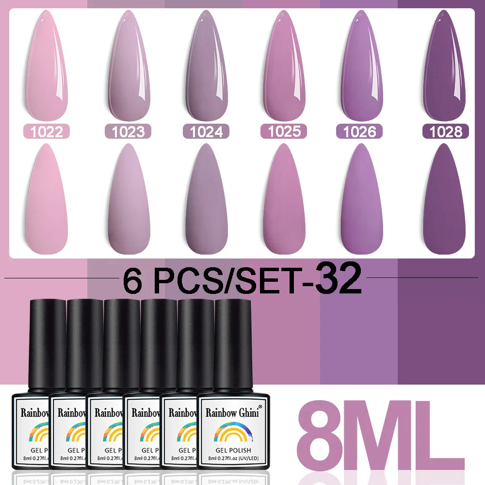 Arco-íris ghini 8ml 6 pçs/set cor roxa série gel verniz embeber uv unha gel polonês rosa glitter unha polonês hema/tpo grátis