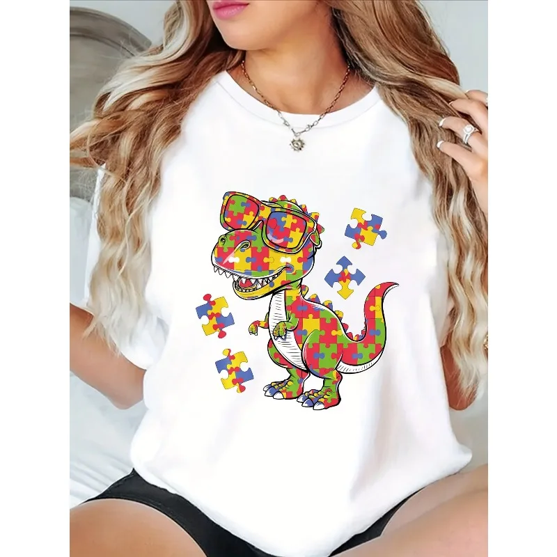 Care for Autism Printed T-shirt Short Sleeved Round Neck Casual Fashion Trend Top Suitable for Summer and Spring Women Clothing