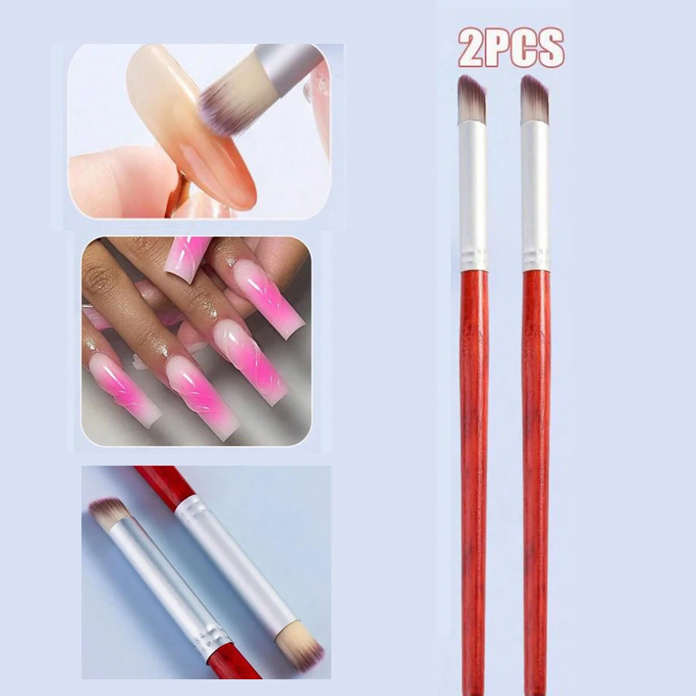 2 uds pincel degradado para uñas cabeza redonda oblicua pincel ombré pintura de Gel UV dibujo manicura pluma herramientas Flash ventilador de uñas de madera roja