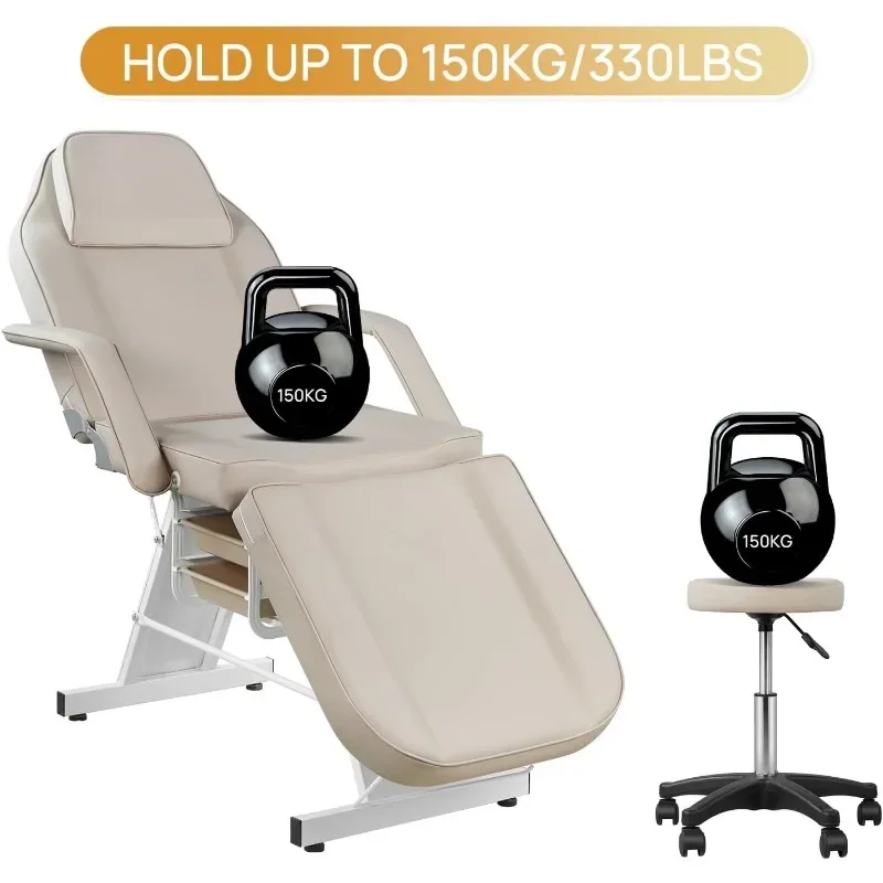 Silla facial Mesa de masaje Silla de tatuaje ajustable de 73 pulgadas para artista con taburete Cama facial para spa Esteticista de belleza Gris