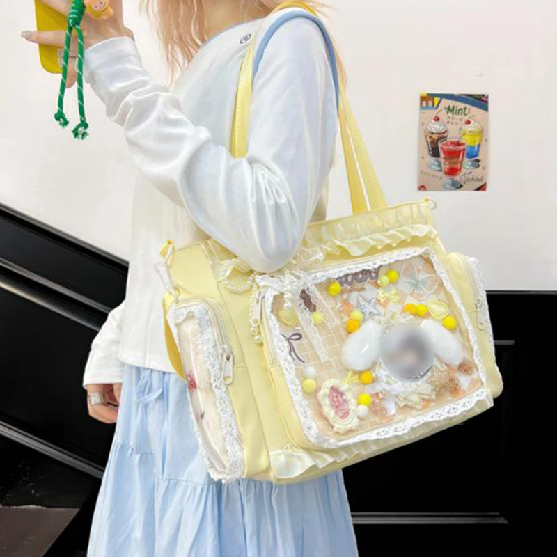 Y2k Sweet Ita Shoulder Bag Lolita Transparent Crossbody Bag Women Large Capacity Lace Tote Bag DIY Kpop Fans Display Handbag