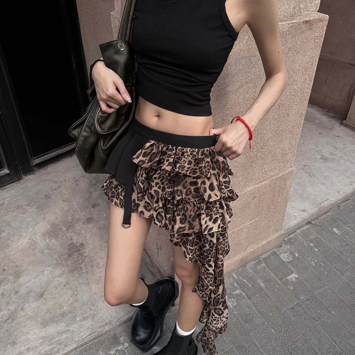 Y2K Style Irregular Cake Skirt for Women Fashion Mesh Pleated Mini Skirt Summer Leopard Print Chiffon Skirt Women's Clothing