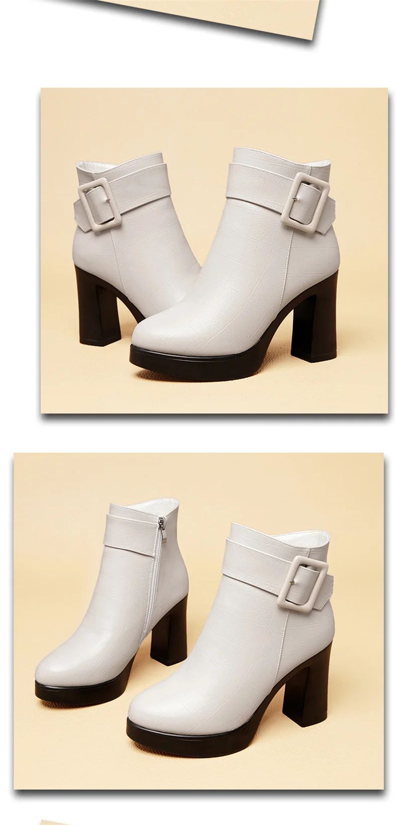 Winter Black Thick High Heel Ankle Boots Women 2024 Keep Warm Fashion Elegant Short Buckle Decoration Leather Boots