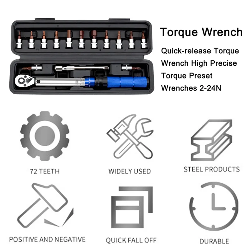 16-Piece Torque Wrench Set Hexagon Bi-Directional Adjustable 1/4 Inch Ratchet Wrench Maintenance Tool