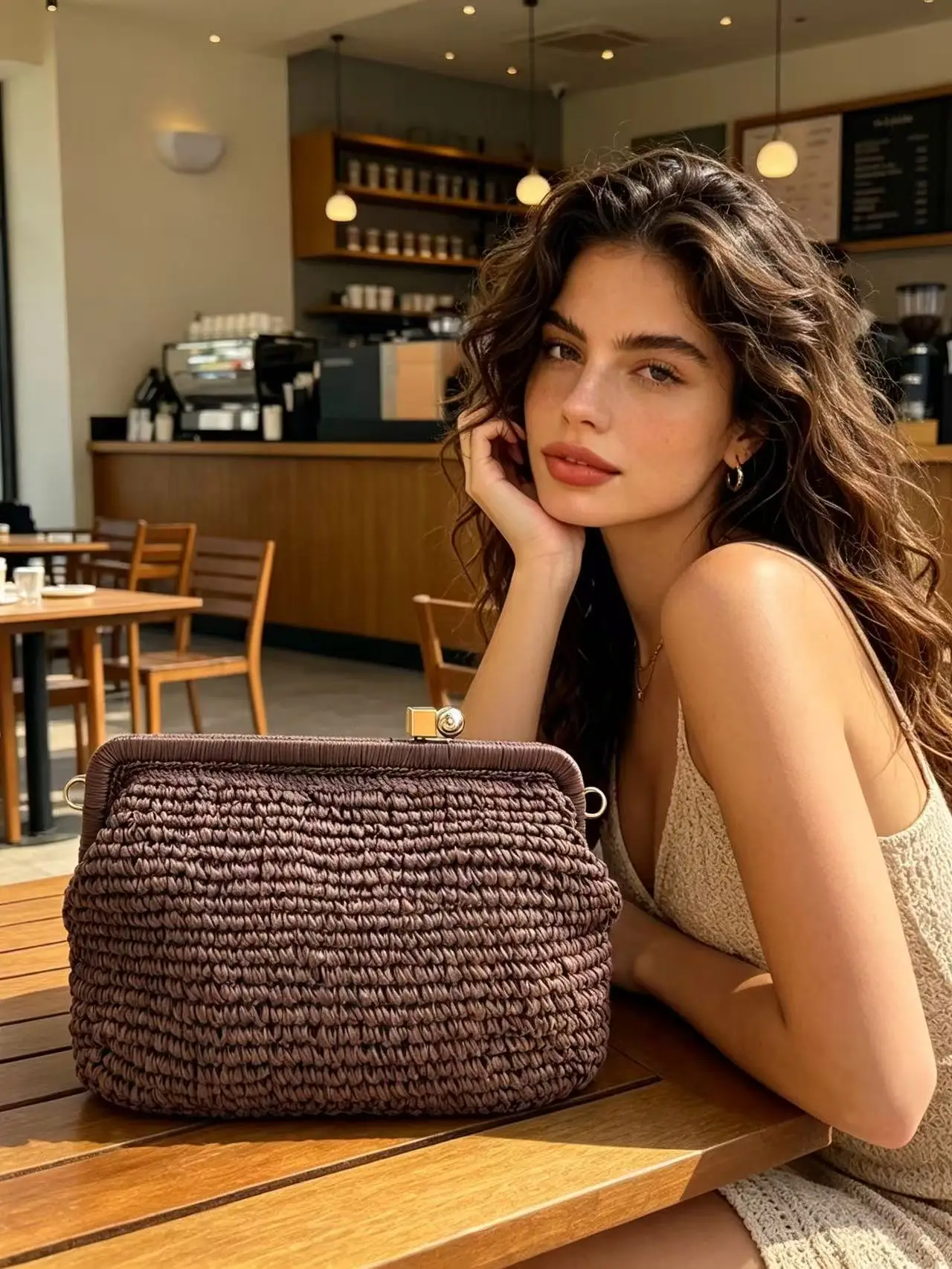 Bolso de mano de paja tejido a mano con cierre de doble color y cadena desmontable, bolso versátil de hombro/cruzado para el verano