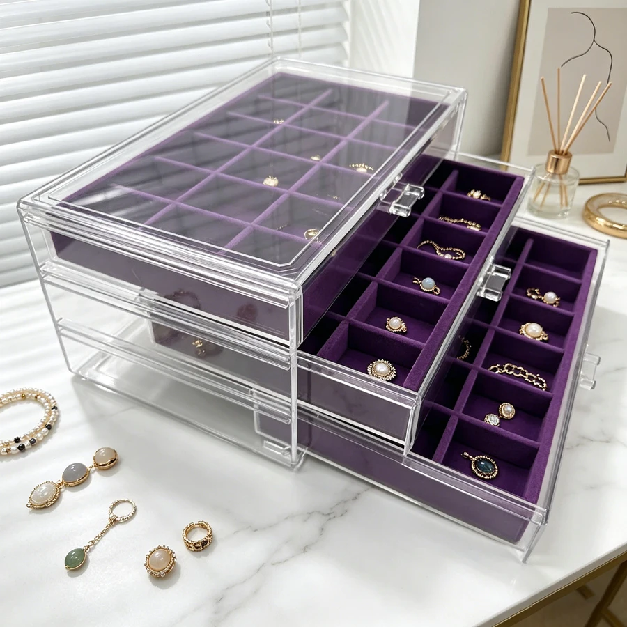 Jewelry drawer storage box made of transparent acrylic, suitable for storing earrings, rings, necklaces and other jewelry. Birth