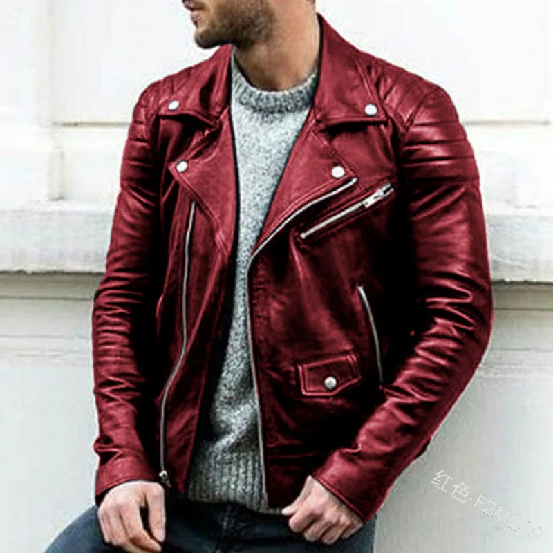 Men PU Leather Coat Teen Stand Collar Punk Male Motorcycle Leather Jackets Faux Leather Zipper  Handsome Coats Jackets
