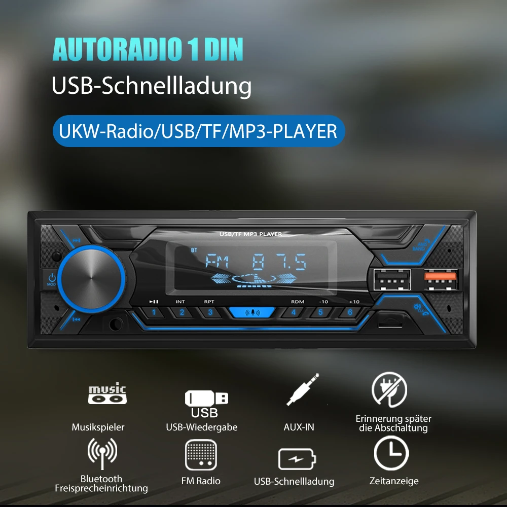 ESSGOO Single 1 Din Universal Car Stereo Radio MP3 Player In-dash FM BT USB Aux Receiver Radio Head Unit w/7 LED Lighting Colors