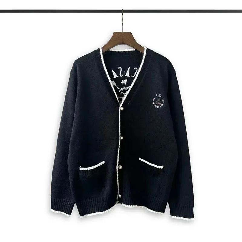 

25ss Tennis Print Embroidered CASA Jackets Men Women V-neck Black Pearl Buckle Knit Cardigan Jackets With Tags