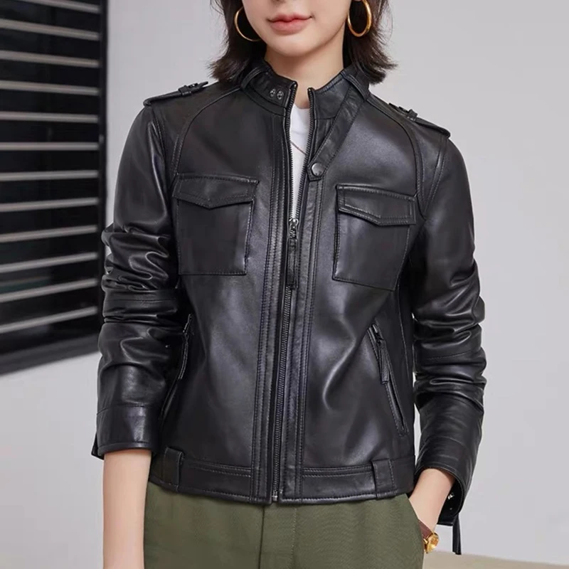 M-4XL Women's Sheepskin Real Leather Short Jacket 2025 Autumn Winter Retro Stand Collar Female Slim Moto Leather Jackets Coat