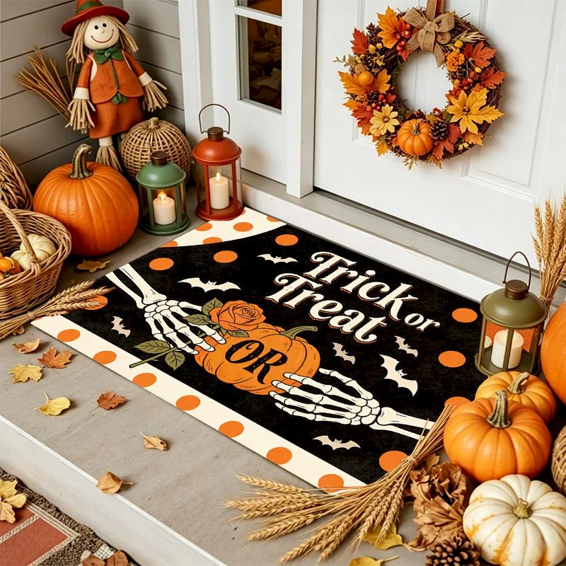 VIKAMA Halloween Trick Or Treating Without Candy Skeleton Hand Doormat Entrance Polka Point Non Slip Carpet Home Decoration