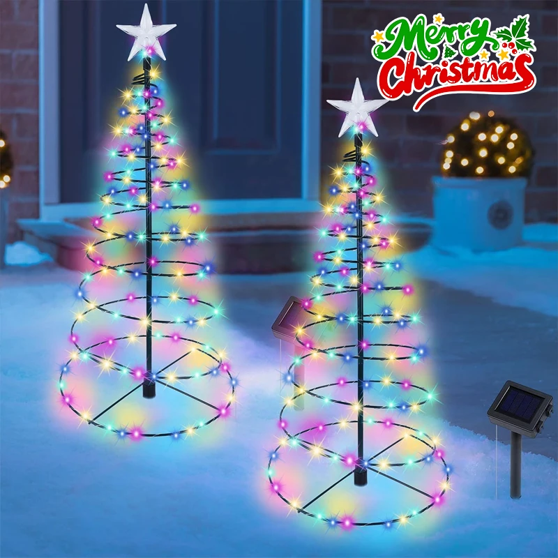 Solar Powered Christmas Tree LED Light Warm White Glow Wrought Iron Floor to Ceiling Design for Outdoor Courtyard Landscape