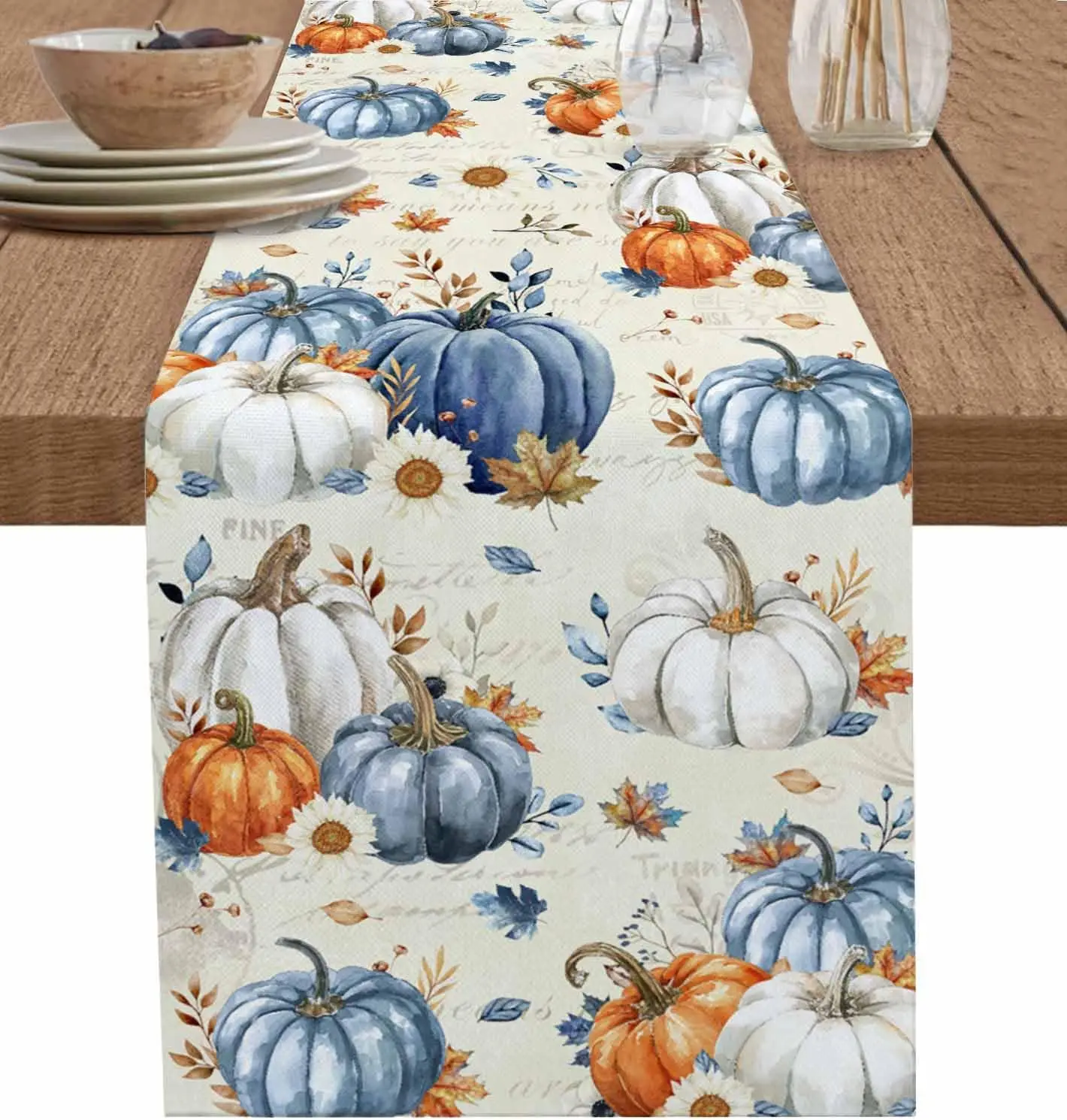 Blue Orange Grey Pumpkins Fall Linen Table Runners Dresser Scarf Decor Washable Dining Table Runners Holiday Party Decorations