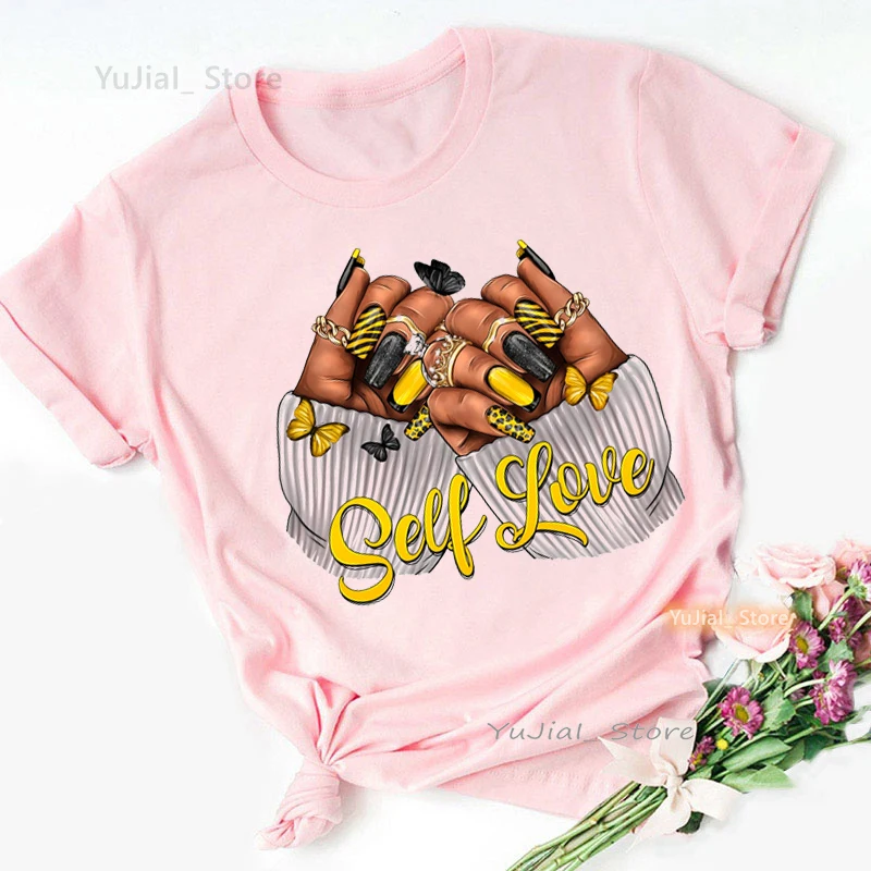 

Self Love Nail Polish Print T Shirt Women Breast Caner Awareness Hope Tshirt Femme Pink Short Sleeve T-Shirt Female Streetwear