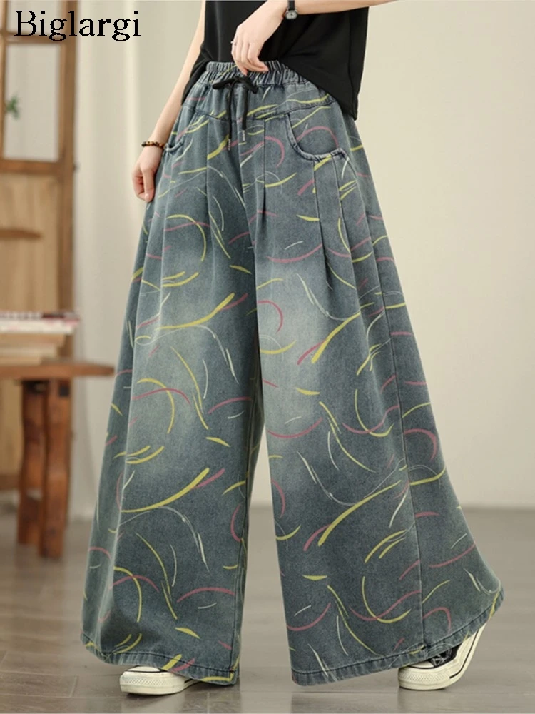 

Women Oversized Fall Denim Pants Retro Fashion Wide Leg Floral Print Ladies Trousers Loose Casual Woman Elastic Waist Jeans