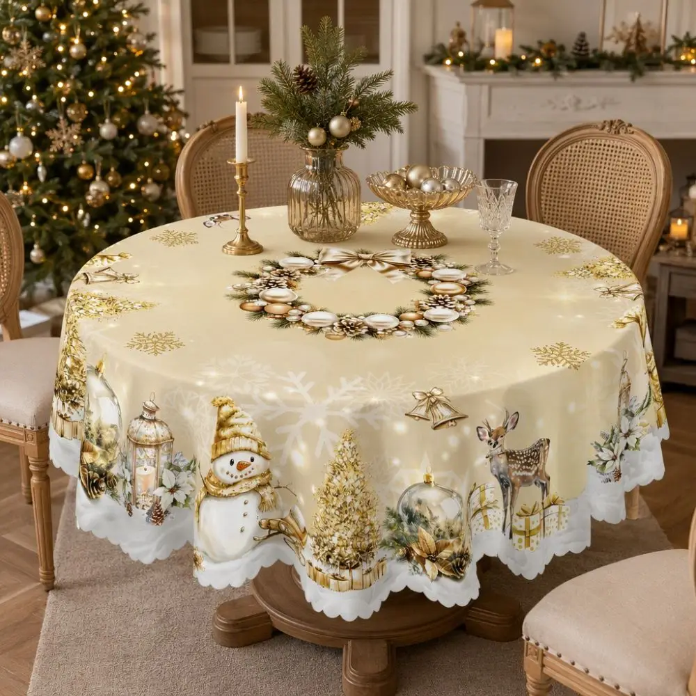 Round/Rectangular White Gold Christmas Tablecloth Non-slip Waterproof Snowman Table Cover Oil-resistant Elk Wreath Design