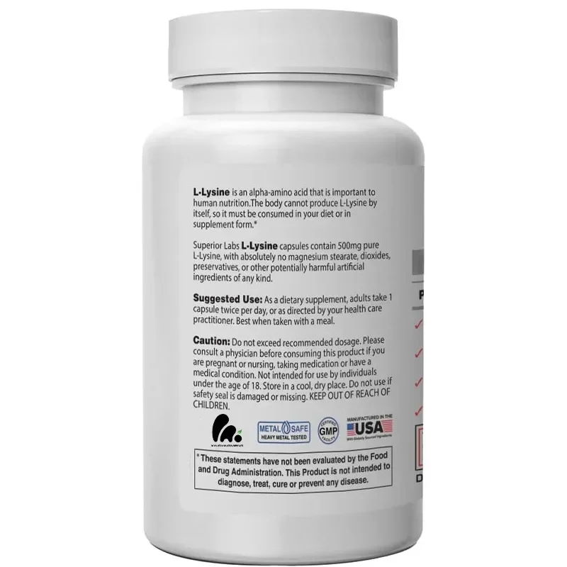 Best Non GMO L-lysine Dietary Supplement -500mg Pure Active L-lysine -120 Vegetarian Capsules - Supports Calcium Absorption