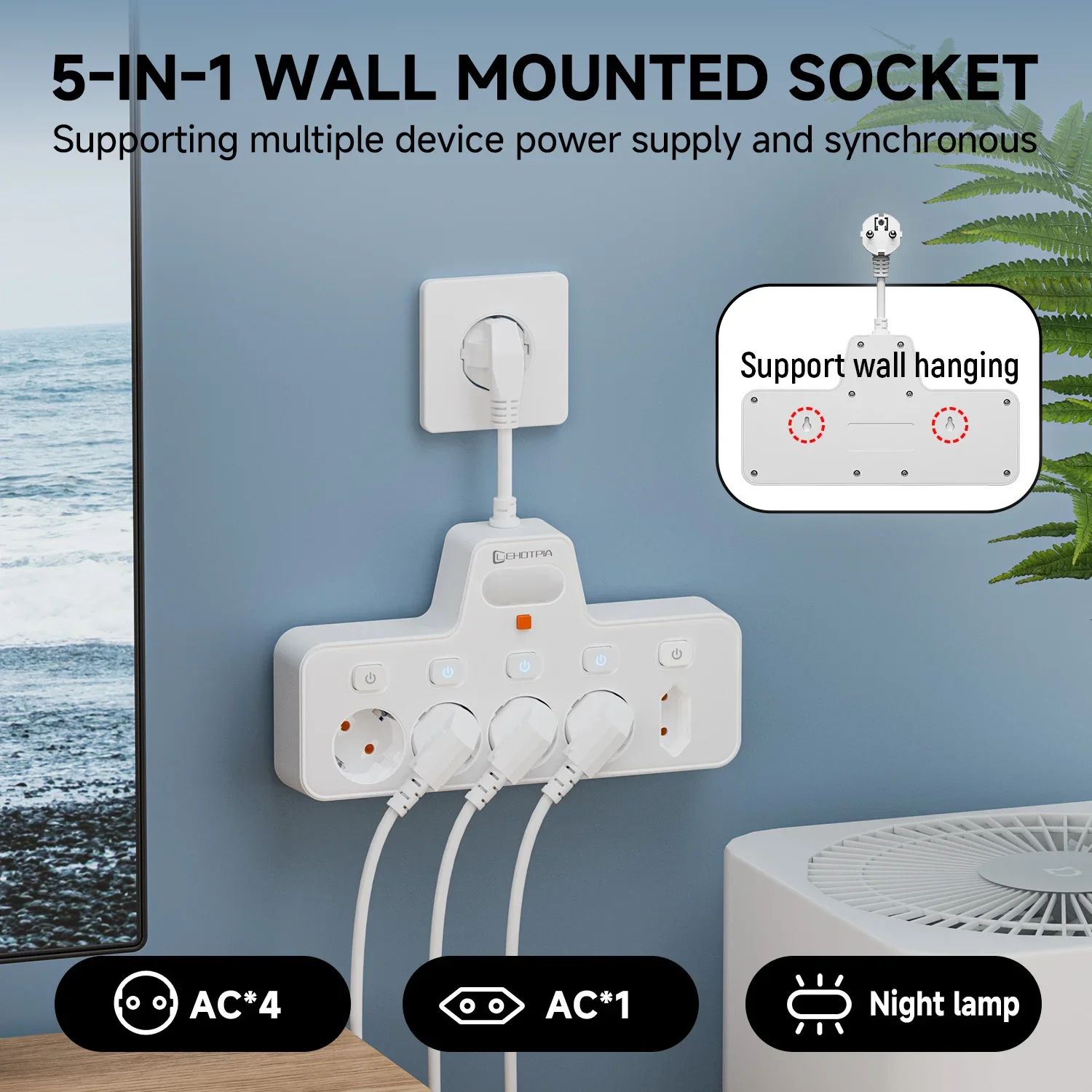 2500W Power Strip EU AC Plug Wall Qutlet Mounted Independent Switch Multitap 5 Socket Network Filter With Bedside Lamp Adapter
