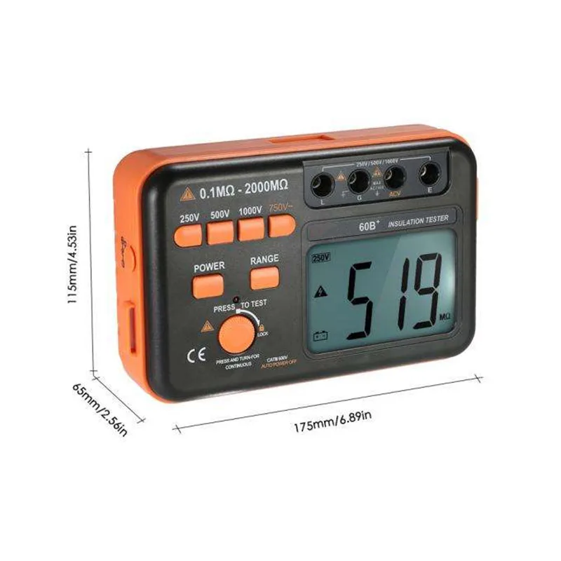 

60B+ insulation tester resistance meter range 0.1M ohm-2000M ohm current short circuit 1.8mA 1000v electrical instruments