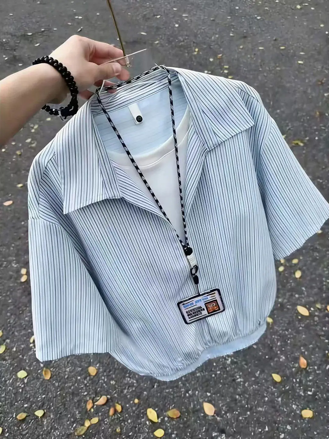 

Men's Summer Thin Short Sleeve V-Neck Striped Shirt Casual Loose Fit Breathable Polyester Fiber Cleanfit Preppy Style Sunscre...