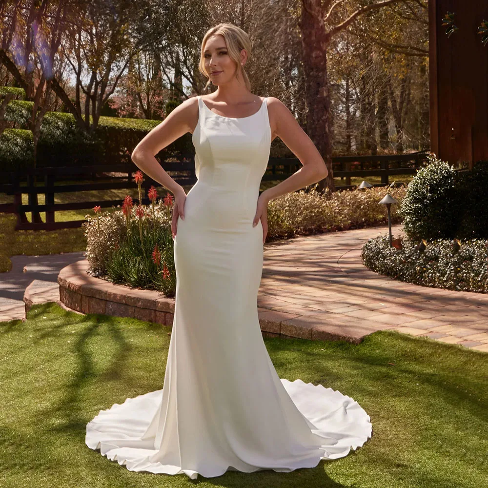 

Civil Wedding Dresses Crepe Mermaid Bridal Dress Sleeveless Scoop Neck Backless Plus Size Simple Bridal Gown Customized