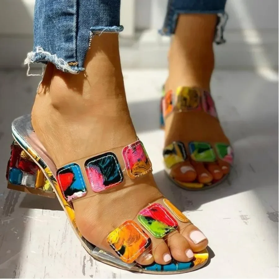 

New 2024 Women's Fashion Slippers Shoes Women's Rhinestone Thick Heeled Sandals Summer One Word Color Matching Sandals for Wonen