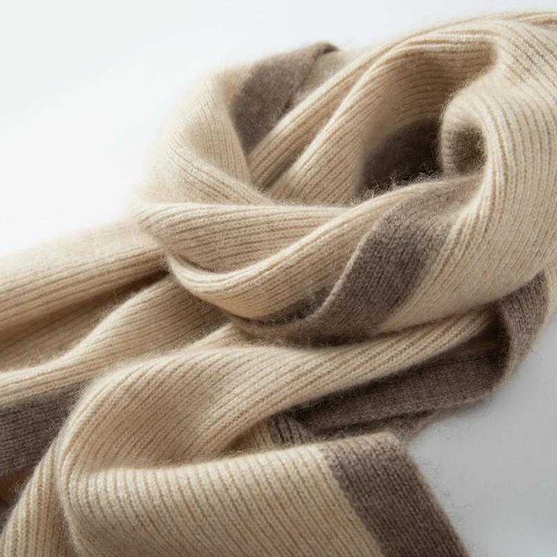 High Quality 100% Cashmere Scarf, Women's Winter Thick Knitted Scarf, Fashionable Casual Striped Contrasting Scarf, Light Luxury