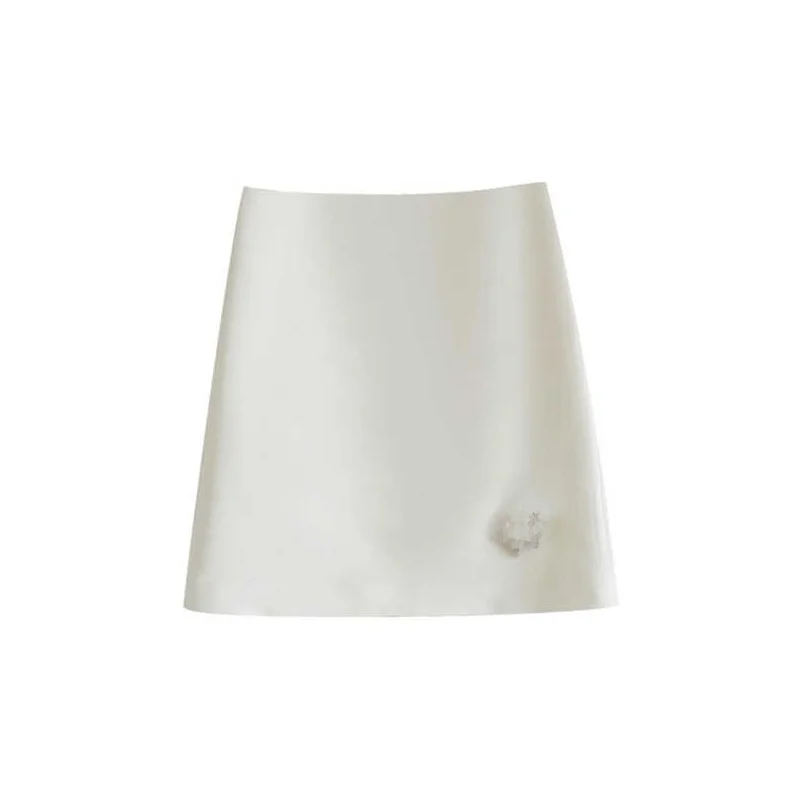  Summer New Sle White Heavy Embellied A-Line  Skirt High Waist Slimming Commute Ladylike ort Skirt for Women
