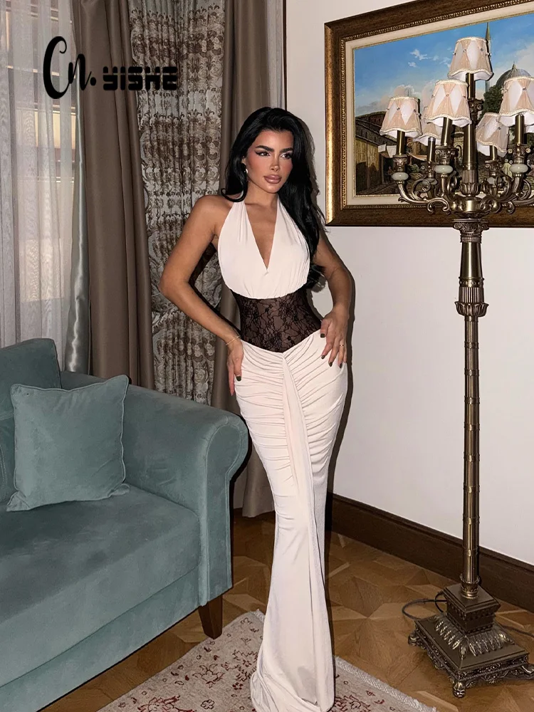 CNYISHE الدانتيل المرقعة الرسن الخامس الرقبة النساء فساتين مثير نادي غمد عارية الذراعين موضة شير أنيقة Bodycon شيك حفلة الإناث #1