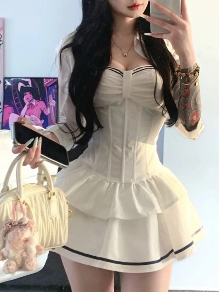 

Preppy Style Elegant Patchwork Sets Women Chic Short Cardigan + Sexy Suspender Dress Suit New Harajuku Autumn Two-piece Set 2025