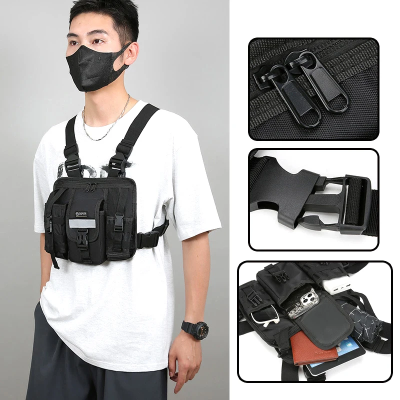 Reflective Design Chest Rig Bag Wear-resistant Tactical Vest Bag Multiple Pockets Students Chest Bag Hip-hop Streetwear Backpack