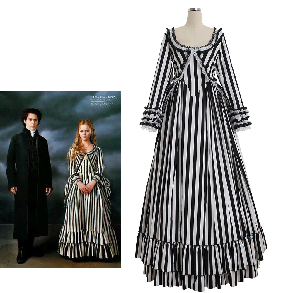 

Movie Sleepy Hollow Cosplay Katrina Van Tassel Costume Vintage Black and White Striped Dress Halloween Party Belle Gown Outfits