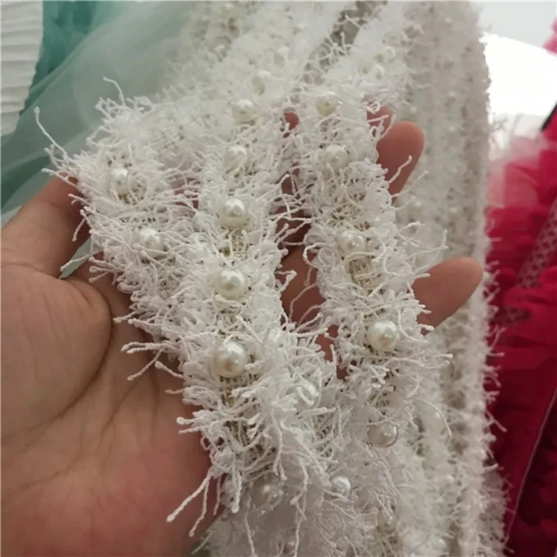 Luxury Off White Beaded Lace Plush Trim Ribbon Wedding Dress Collar Neckline Applique DIY Hat Skirt Crafts Sewing Supplies