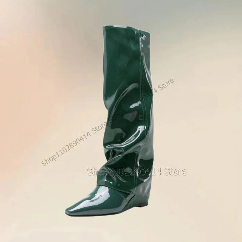 

Green Patent Leather Wedges Heels Pointed Toe Boots Side Zipper Women Shoes Novel Fashion Party Banquet 2023 Zapatos Para Mujere