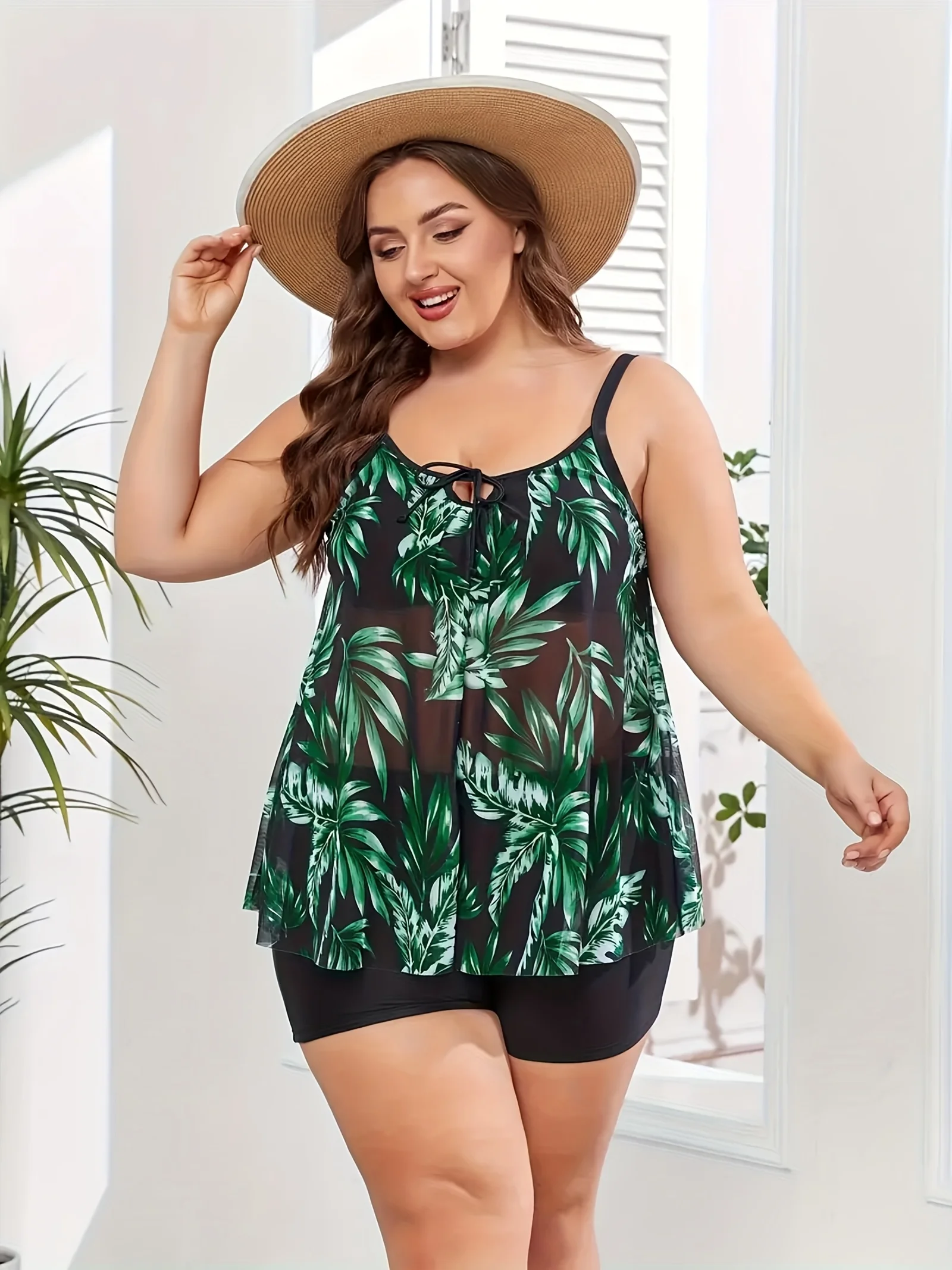 

Новинка 2026, женский сексуальный и модный сетчатый купальник больших размеров с принтом тропических листьев, раздельный купальник с шортами для мальчиков