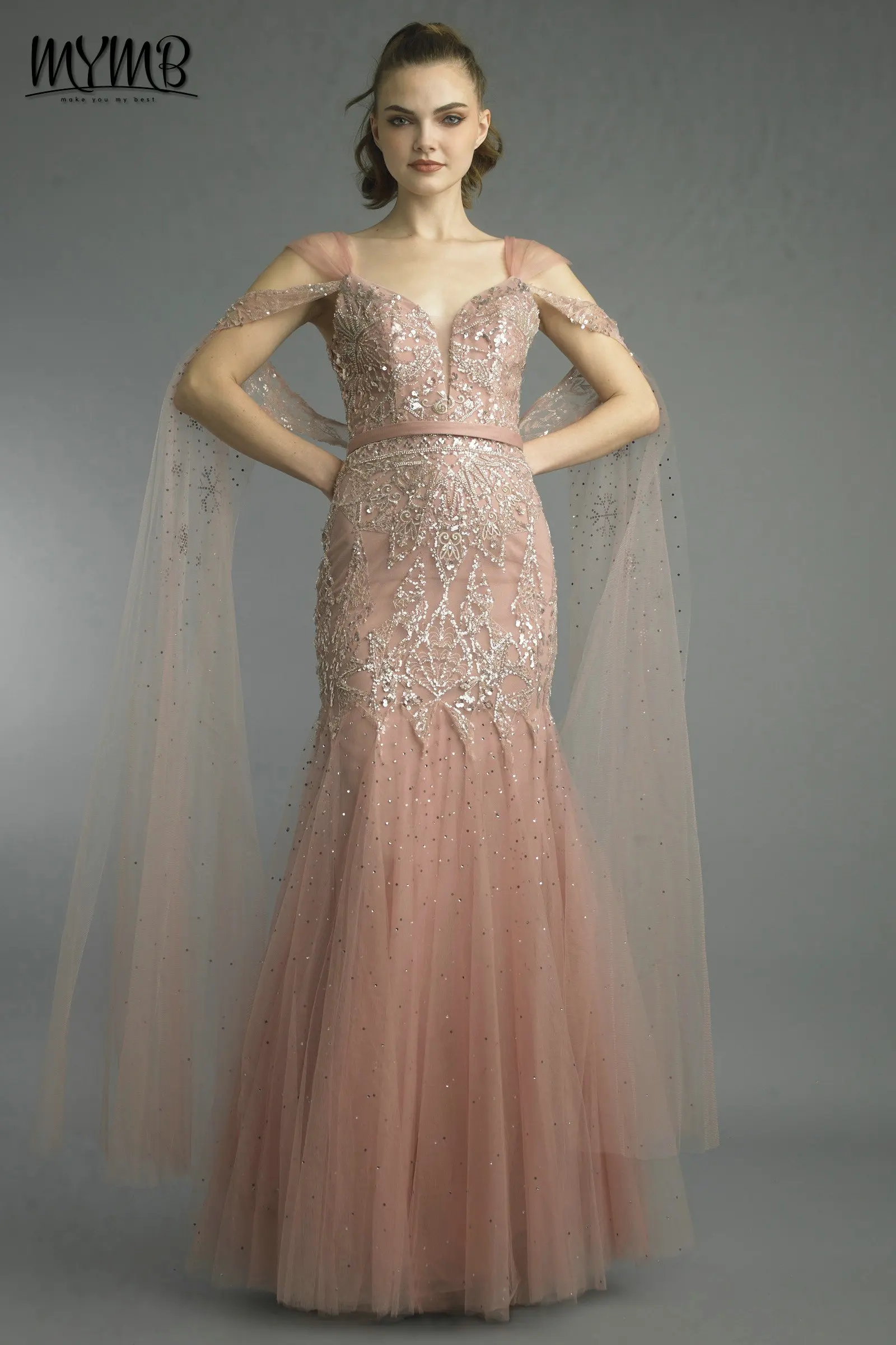 

Роскошное розовое вечернее платье MYMB «Русалка» с рукавами-накидками, глубоким V-образным вырезом, расшитое бисером и пайетками, элегантное выпускное платье для торжественных мероприятий 2026 MB40218