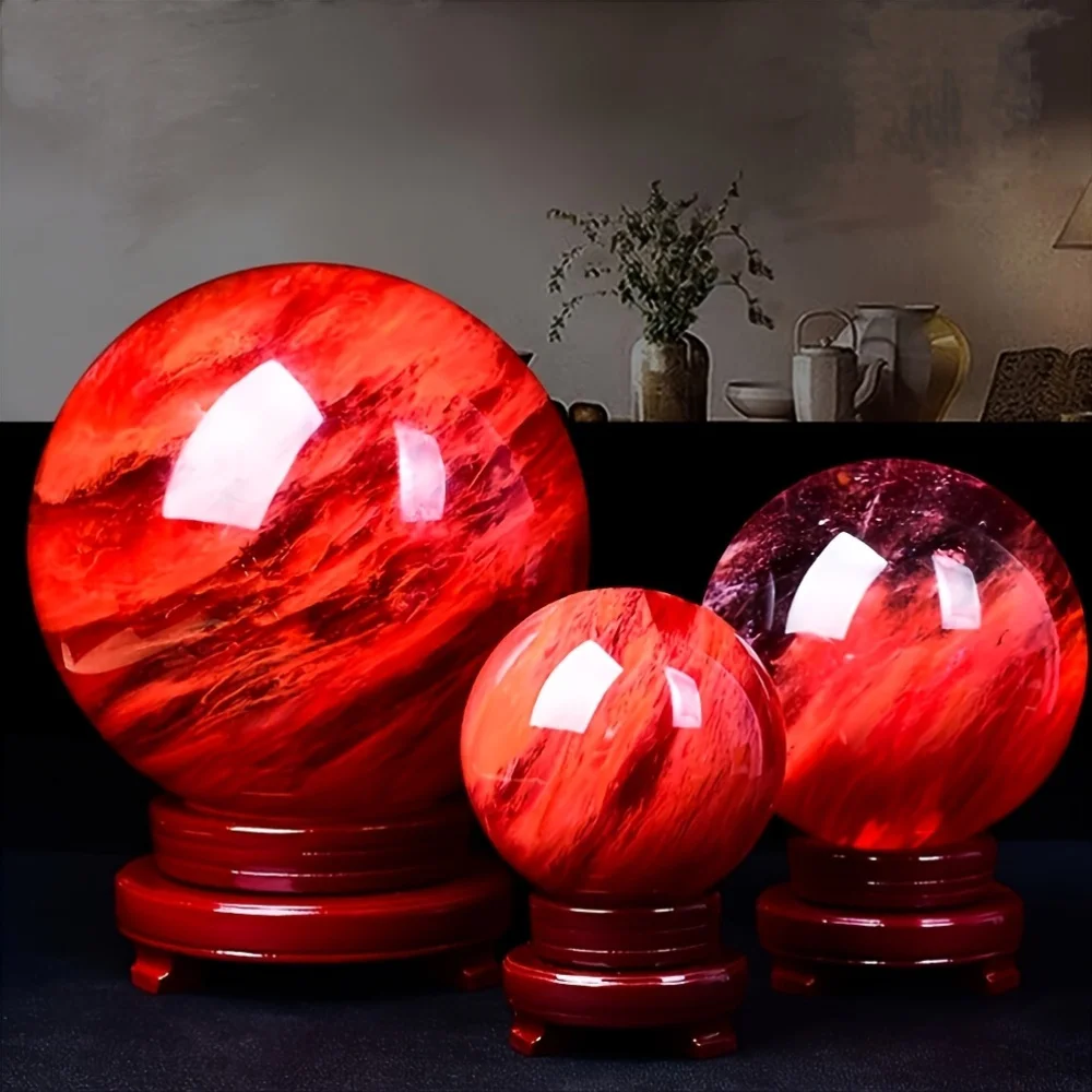 1pc Red Quartz Crystal Sphere – Translucent Marbled Design with Natural Red & Orange Tones, Smooth Polished Finish, Ideal for Ho view 8